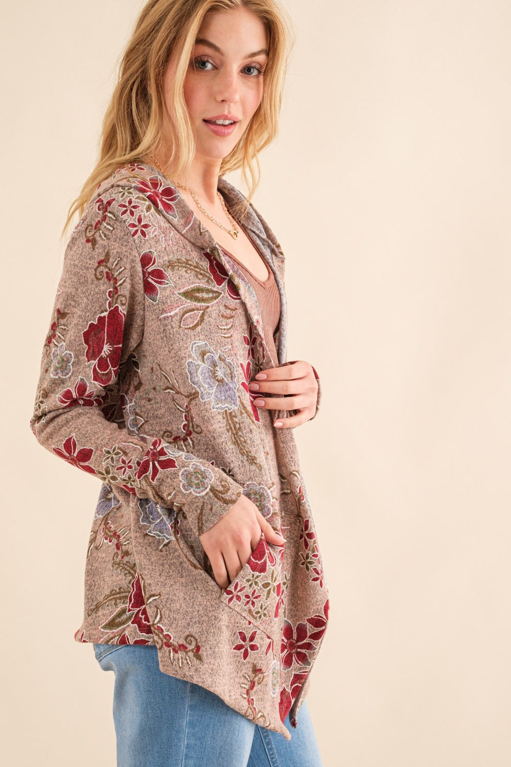 And The Why Floral Thermal Hooded Open Front Cardigan-TOPS / DRESSES-[Adult]-[Female]-2022 Online Blue Zone Planet