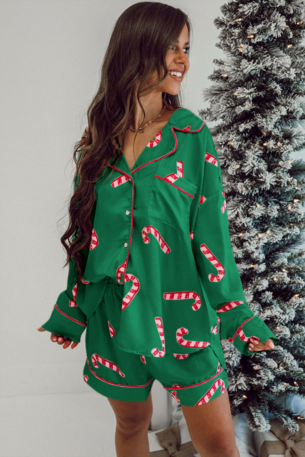 Blue Zone Planet | Green Christmas Candy Cane Print Shirt and Shorts Pajama Set-Loungewear & Sleepwear/Sleepwear-[Adult]-[Female]-2022 Online Blue Zone Planet