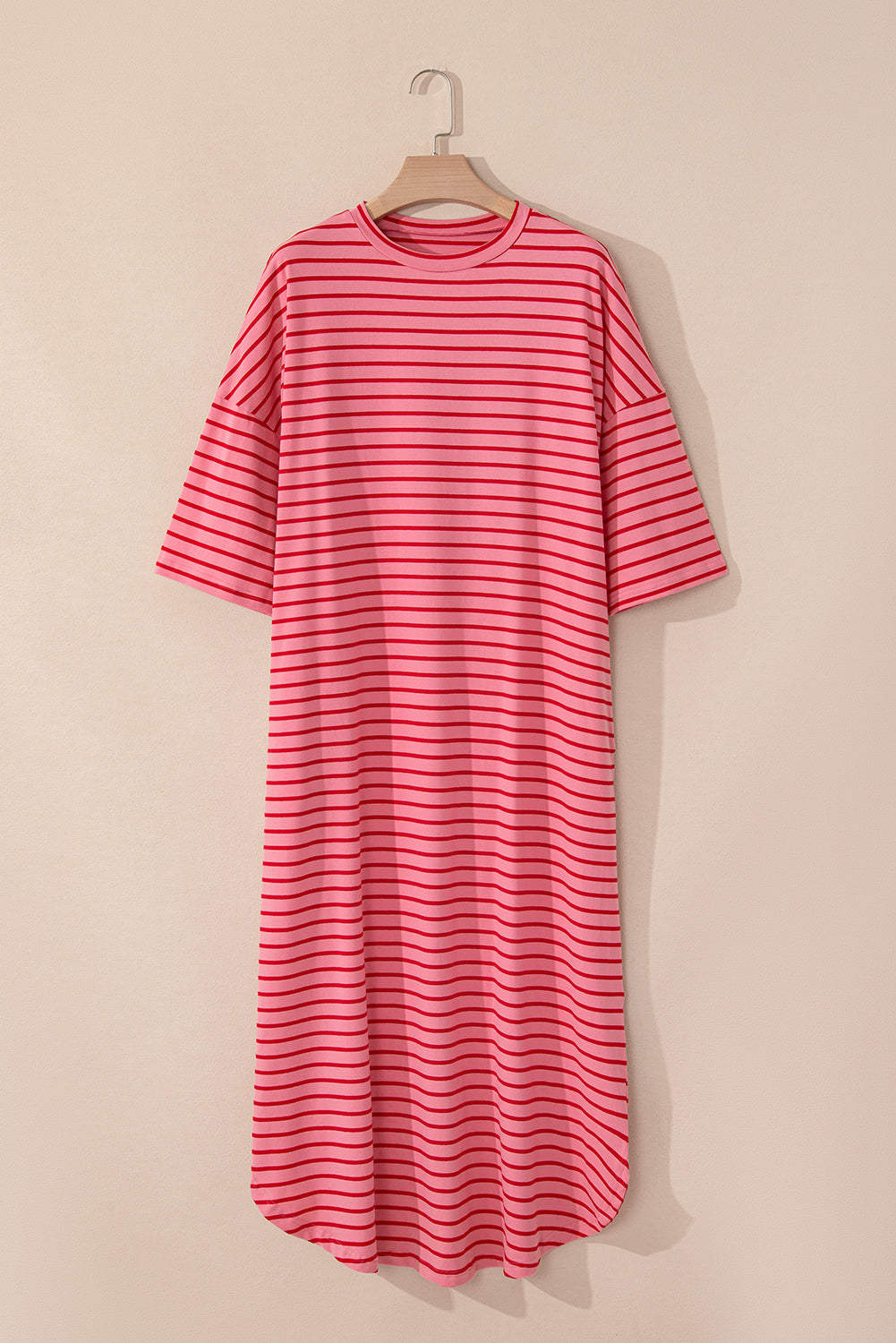 Strawberry Pink Striped Drop Sleeve Loose Dress-Maxi Dresses-[Adult]-[Female]-2022 Online Blue Zone Planet