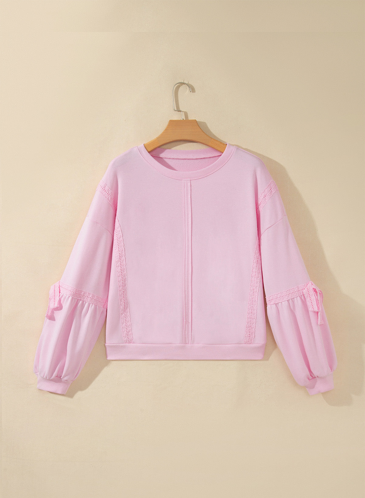 Pink Solid Color Raw Seam Lace Detail Loose Casual Sweatshirt-Tops/Sweatshirts & Hoodies-[Adult]-[Female]-2022 Online Blue Zone Planet