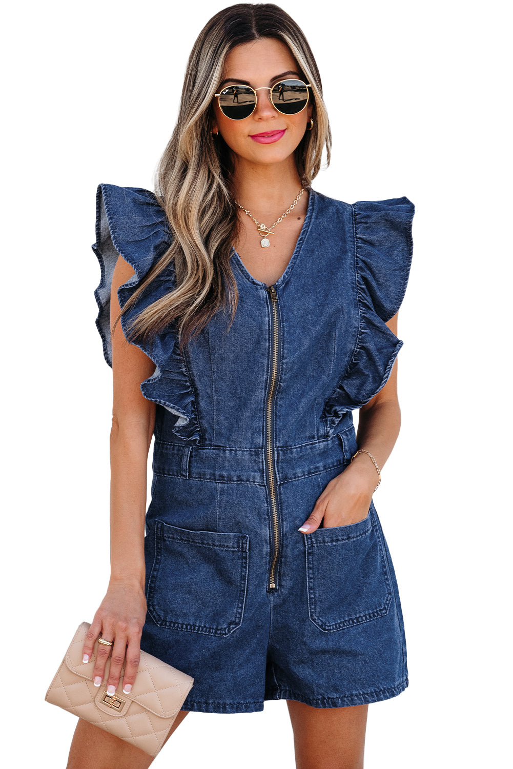 Blue Zone Planet | Sail Blue Denim Ruffled Zipped Front Belted Romper-Bottoms/Jumpsuits & Rompers-[Adult]-[Female]-2022 Online Blue Zone Planet