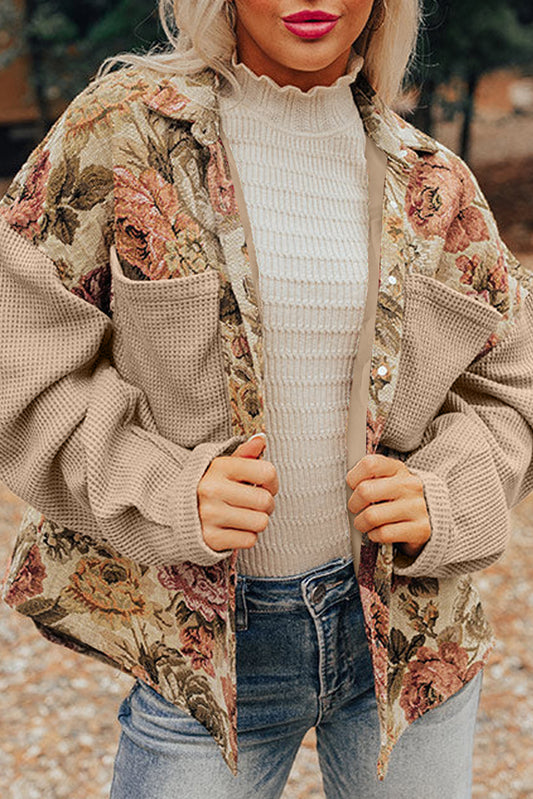 Khaki Floral Waffle Knit Patchwork Chest Pockets Buttoned Jacket-Outerwear/Jackets-[Adult]-[Female]-Khaki-S-2022 Online Blue Zone Planet