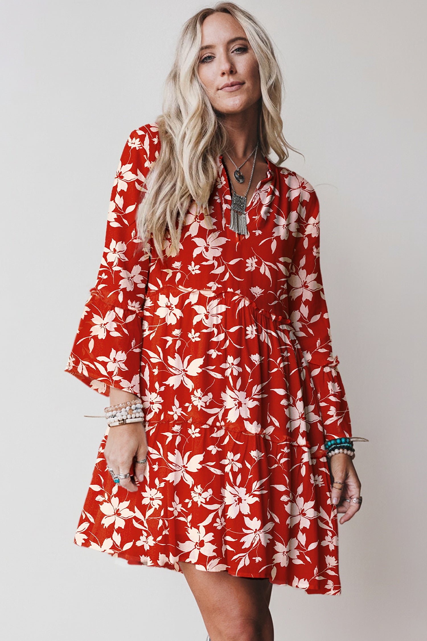 Red Boho Floral Print Lettuce Trim 3/4 Sleeve Mini Dress-TOPS / DRESSES-[Adult]-[Female]-2022 Online Blue Zone Planet