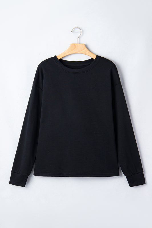 Black Solid Color Dropped Shoulder Long Sleeve Top-Tops/Long Sleeve Tops-[Adult]-[Female]-2022 Online Blue Zone Planet
