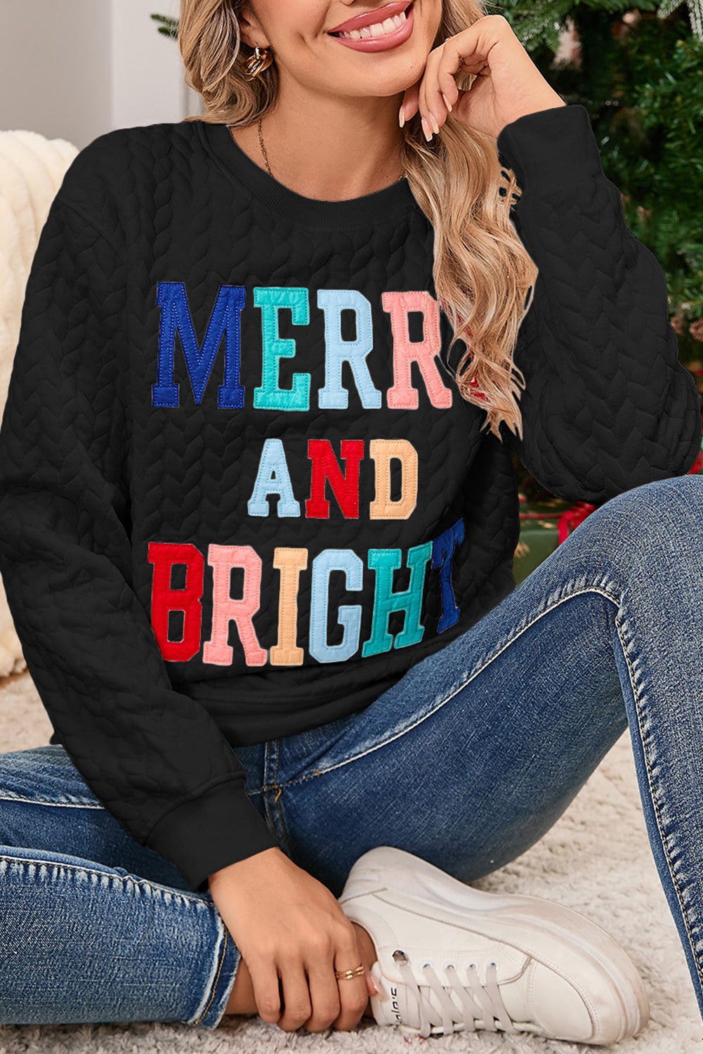 White Merry and Bright Quilted Sweatshirt-Sweatshirts & Hoodies-[Adult]-[Female]-Black-S-2022 Online Blue Zone Planet