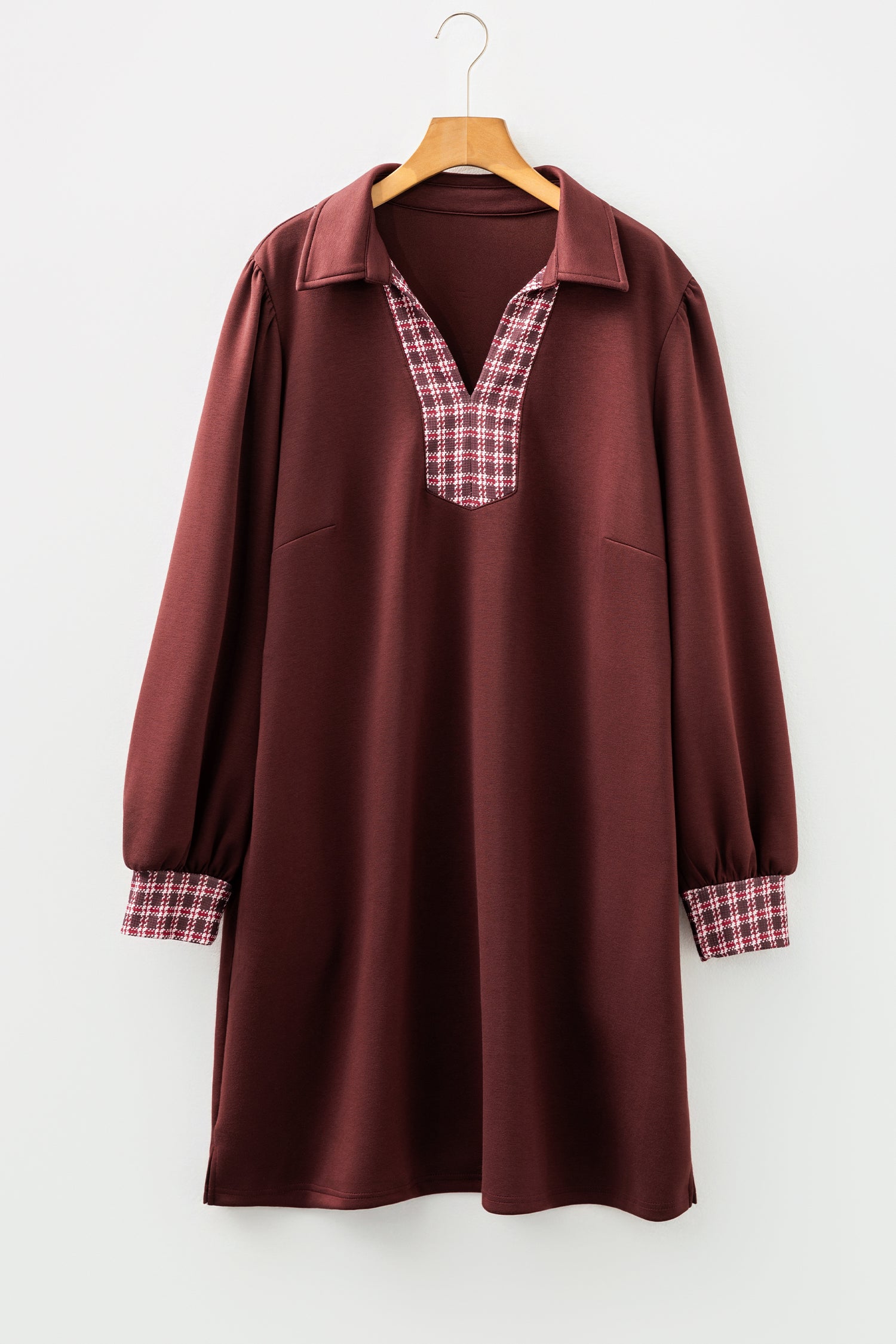 Coffee Contrast Plaid Trim Patchwork Collared Plus Size Shift Mini Dress-TOPS / DRESSES-[Adult]-[Female]-2022 Online Blue Zone Planet