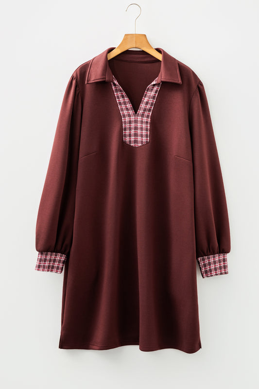 Coffee Contrast Plaid Trim Patchwork Collared Plus Size Shift Mini Dress-TOPS / DRESSES-[Adult]-[Female]-2022 Online Blue Zone Planet