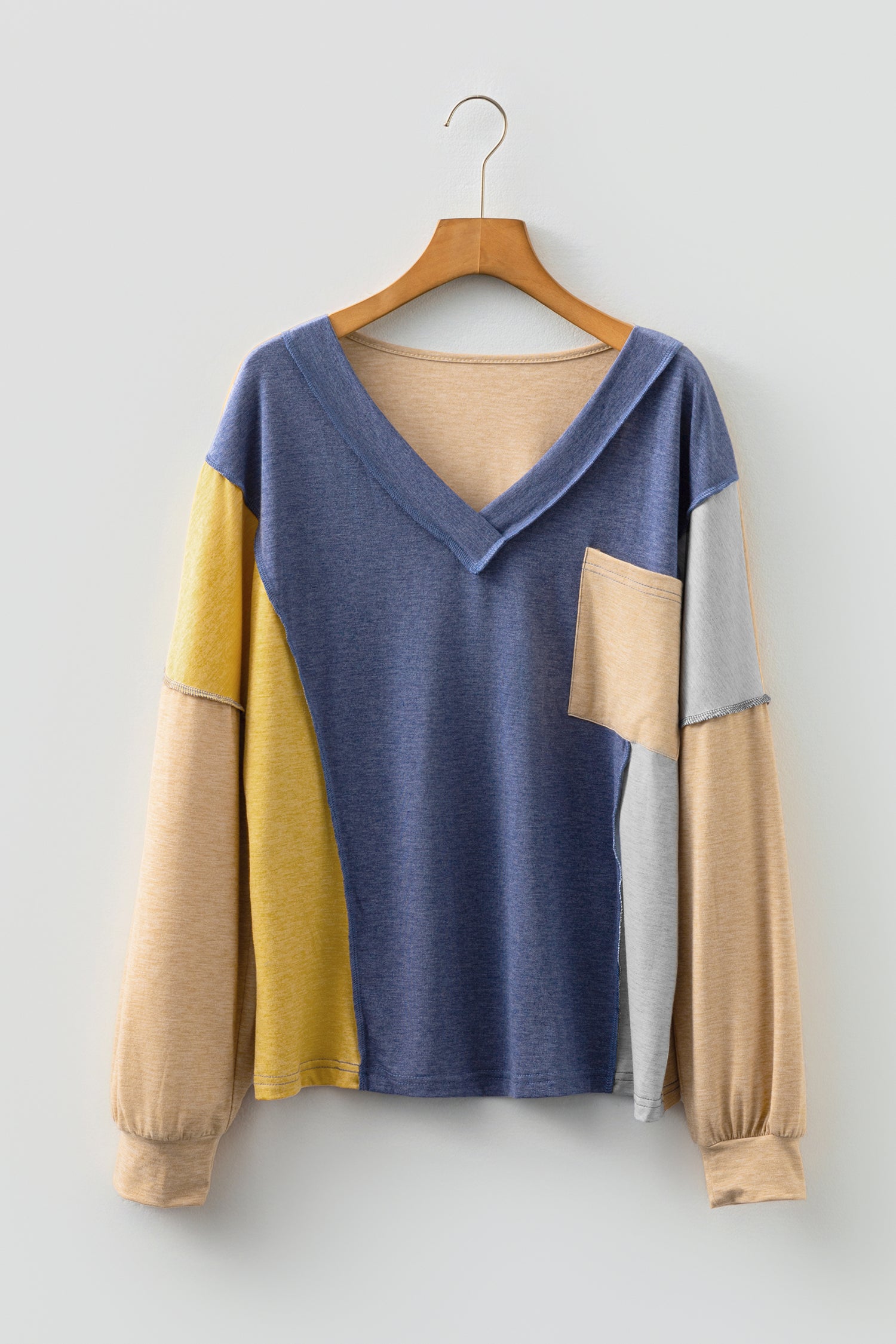 Sail Blue Exposed Stitching Colorblock V Neck Long Sleeve Top-Tops/Long Sleeve Tops-[Adult]-[Female]-2022 Online Blue Zone Planet