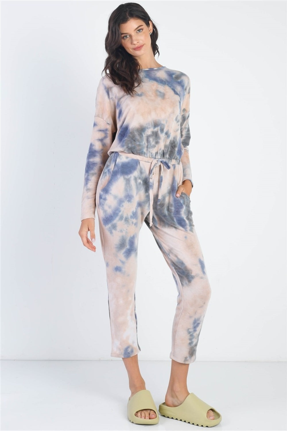 Blue Zone Planet | Cherish Apparel Tie-Dye Round Neck Long Sleeve Jumpsuit-TOPS / DRESSES-[Adult]-[Female]-2022 Online Blue Zone Planet