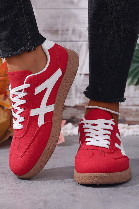 Racing Red Faux Suede Contrast Patchwork Detail Lace Up Flat Sneakers-Shoes & Bags/Womens Shoes-[Adult]-[Female]-Racing Red-37-2022 Online Blue Zone Planet