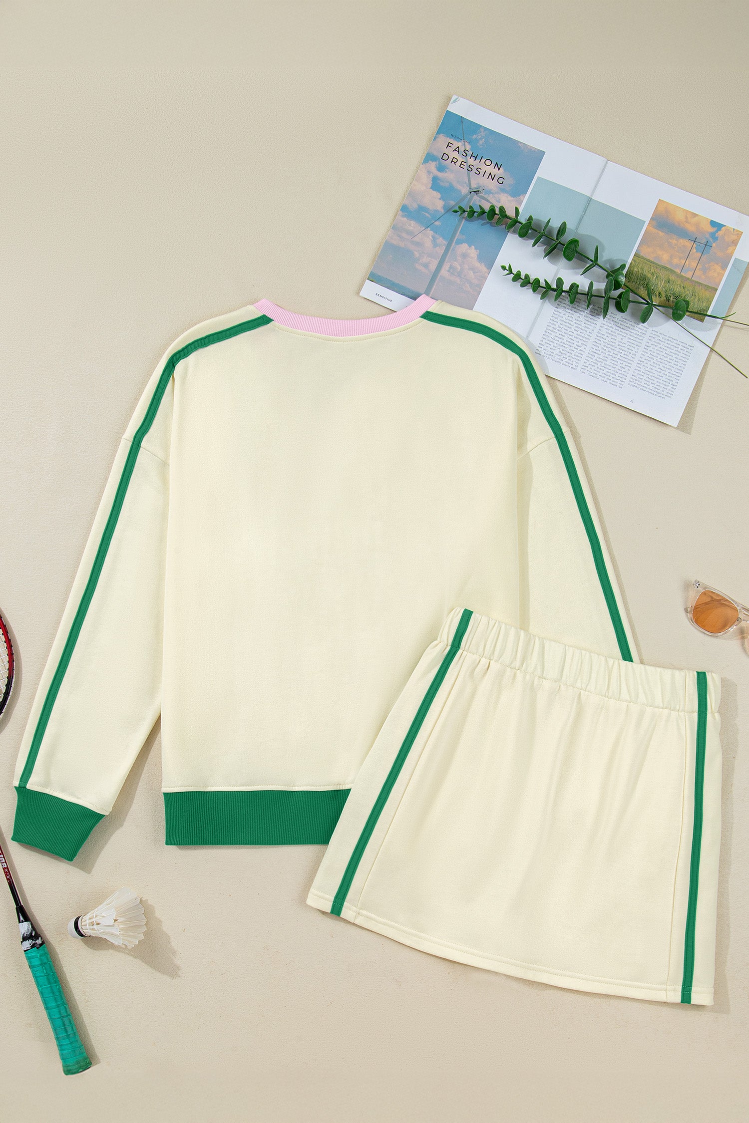 Beige Ribbed Colorblock Trim V Neck Sporty Pullover Mini Skort 2pcs Athleisure Set-Two Piece Sets/Two Piece Dresses-[Adult]-[Female]-2022 Online Blue Zone Planet