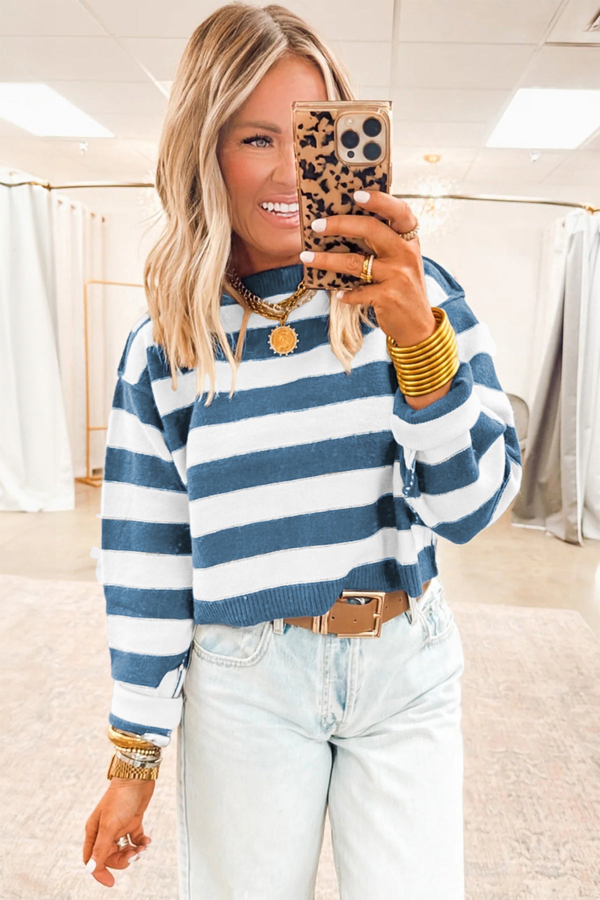 Brown Stripe Exposed Seam Drop Shoulder Baggy Sweater