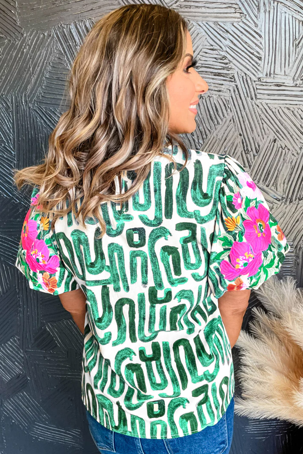 Blackish Green Embroidered Puff Sleeve Frilled Neck Printed Top-Tops/Tops & Tees-[Adult]-[Female]-2022 Online Blue Zone Planet