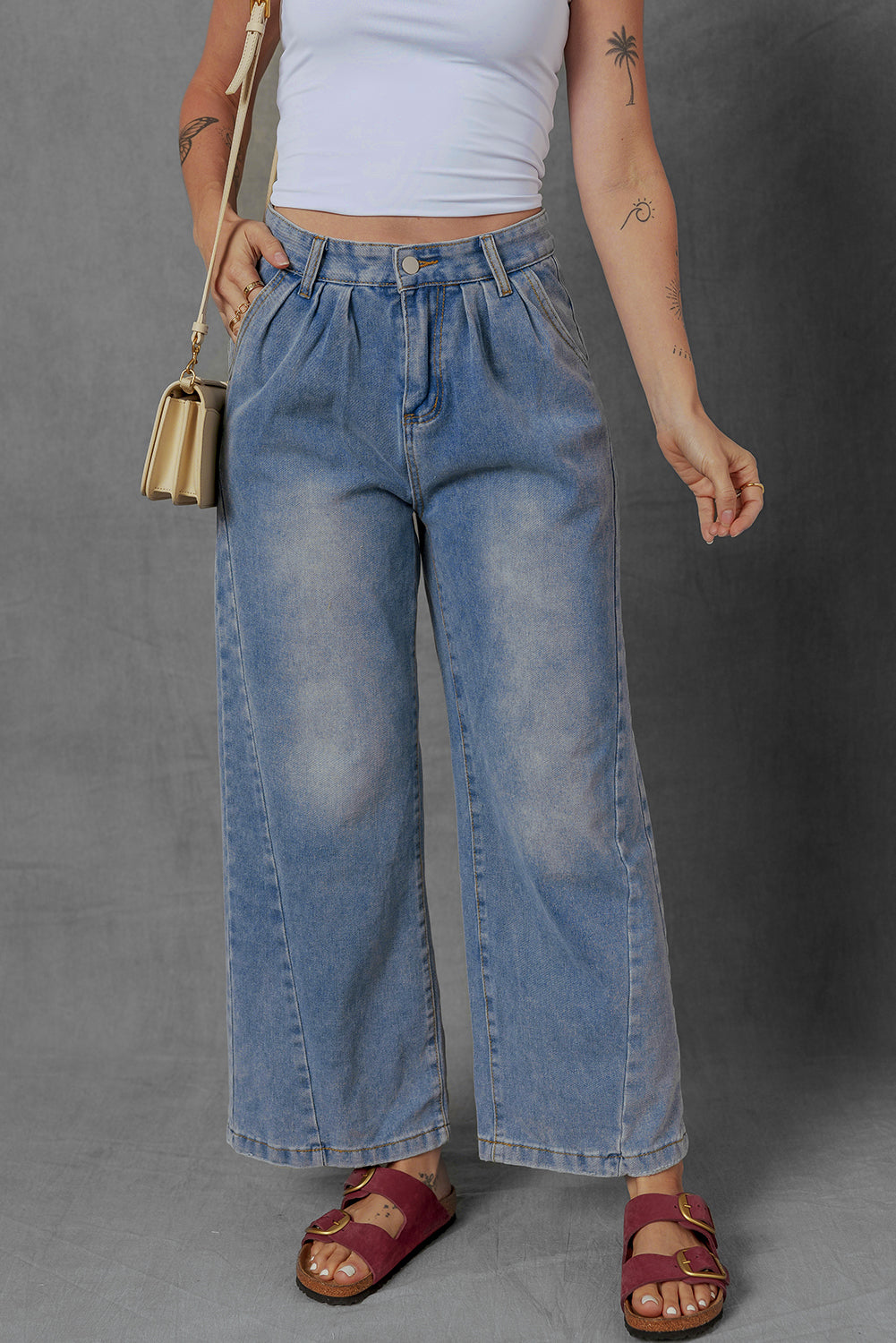 Ashleigh Blue Washed Pleated Detail Wide Leg Jeans-Bottoms/Jeans-[Adult]-[Female]-Ashleigh Blue-4-2022 Online Blue Zone Planet