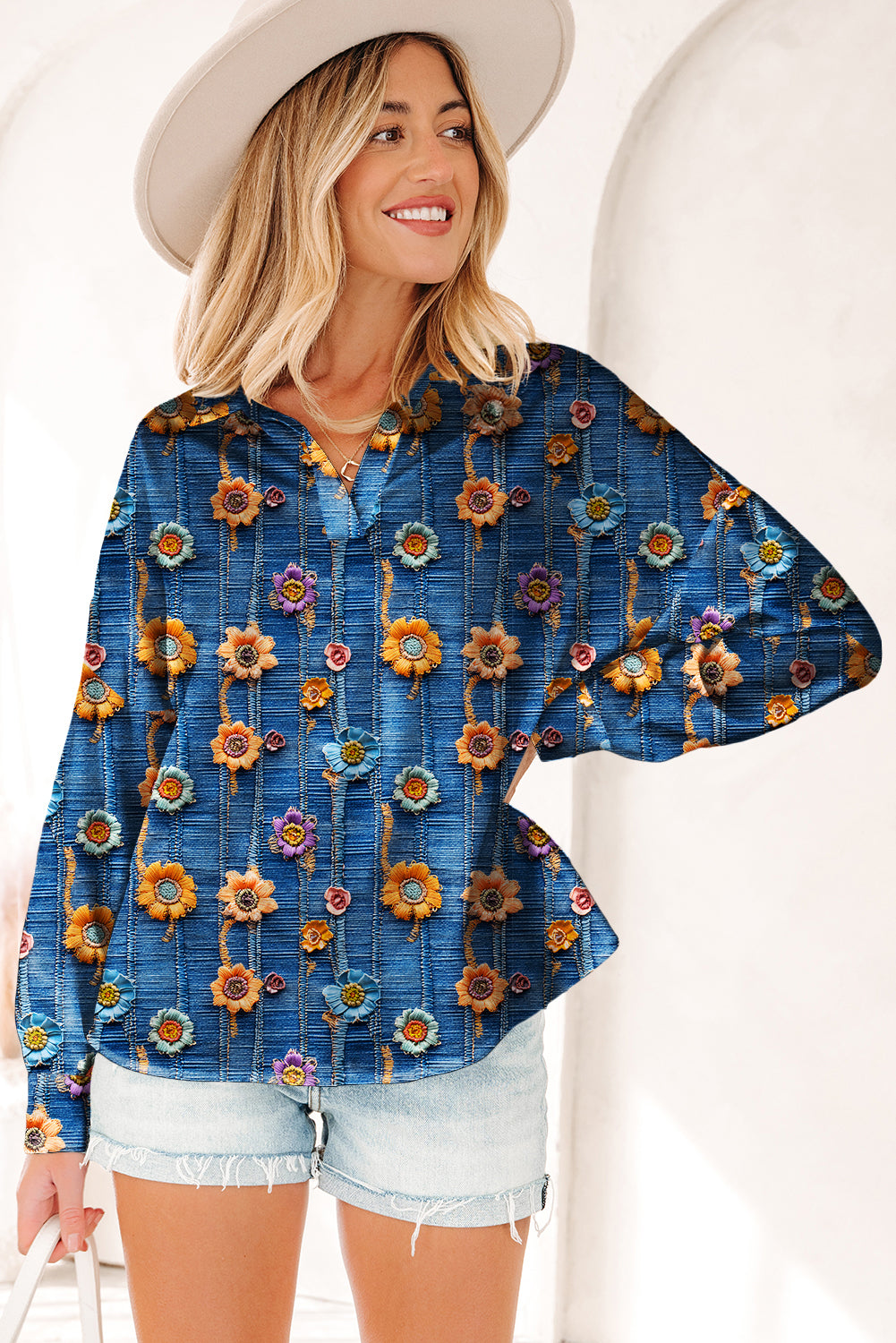 Blue Floral Collared V Neck Roll Up Sleeve Shift Blouse-Tops/Blouses & Shirts-[Adult]-[Female]-2022 Online Blue Zone Planet