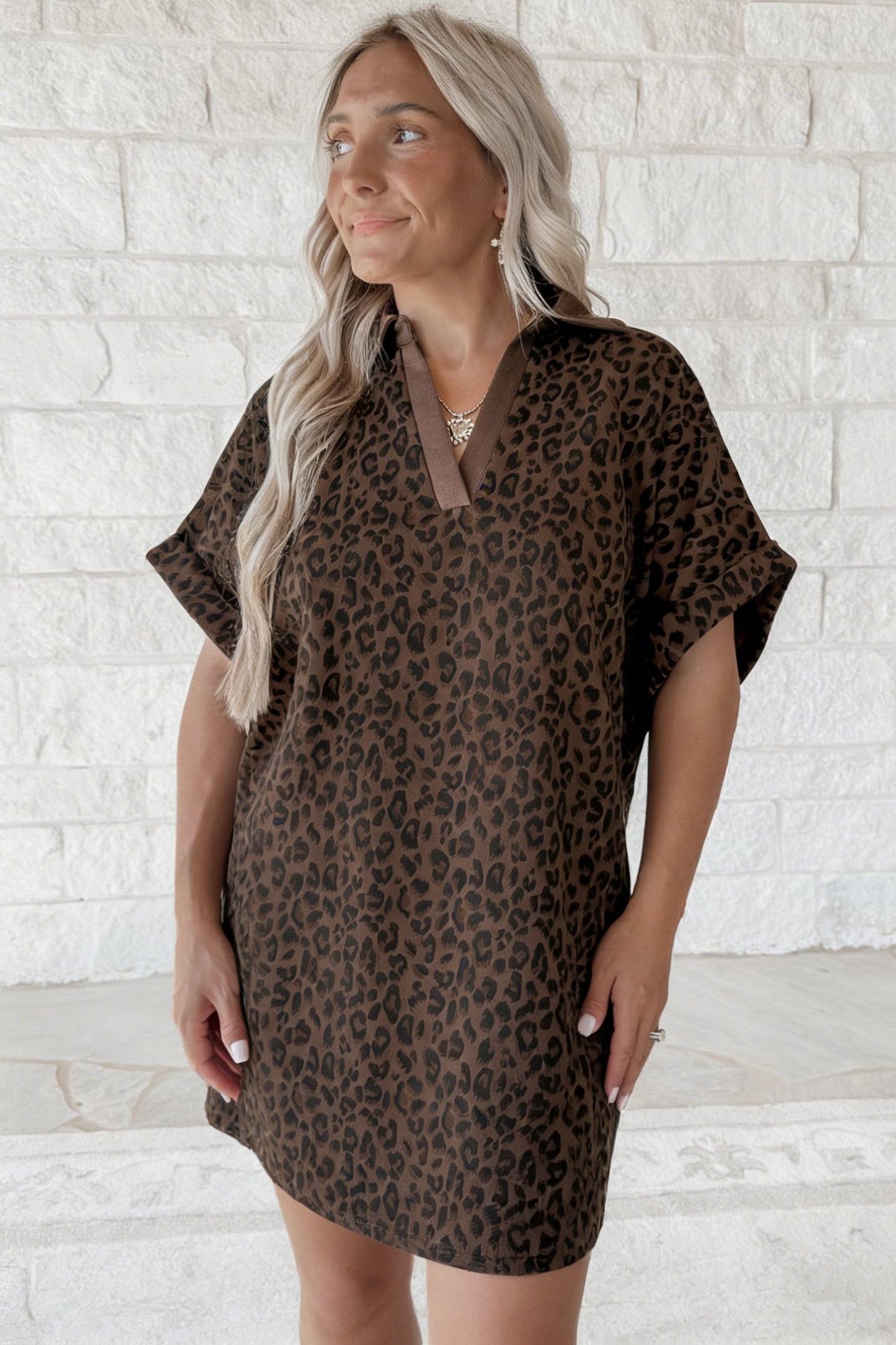 Brown Leopard Print Contrast Collar V-Neck Mini Dress-Dresses/Mini Dresses-[Adult]-[Female]-2022 Online Blue Zone Planet