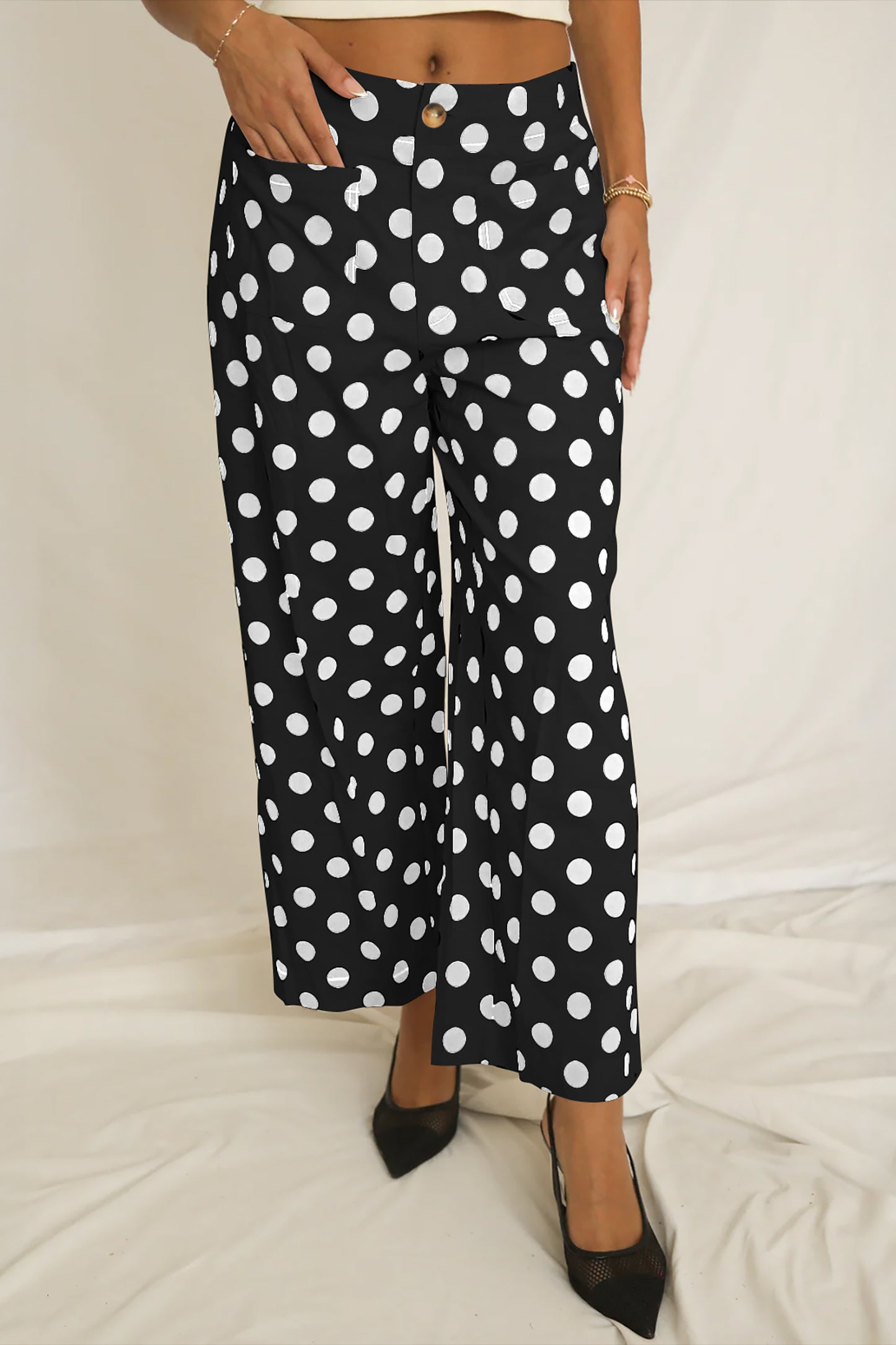 Black Polka Dot Print Patched Pocket Mid-rise Straight Leg Pants-Bottoms/Pants & Culotte-[Adult]-[Female]-2022 Online Blue Zone Planet
