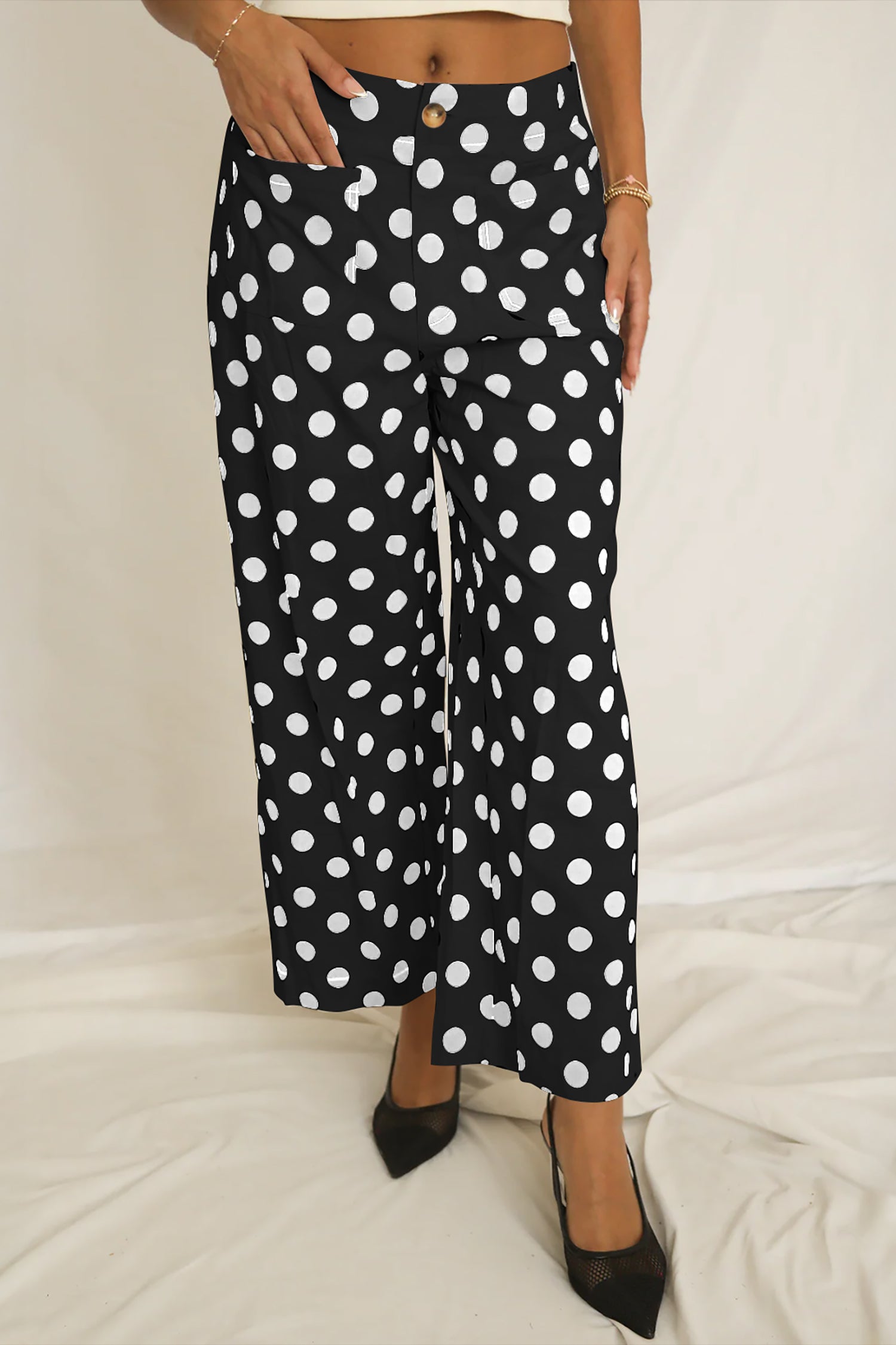 Black Polka Dot Print Patched Pocket Mid-rise Straight Leg Pants-Bottoms/Pants & Culotte-[Adult]-[Female]-2022 Online Blue Zone Planet