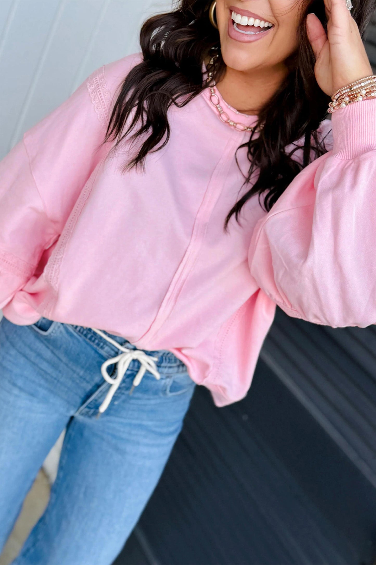 Pink Solid Color Raw Seam Lace Detail Loose Casual Sweatshirt-Tops/Sweatshirts & Hoodies-[Adult]-[Female]-2022 Online Blue Zone Planet