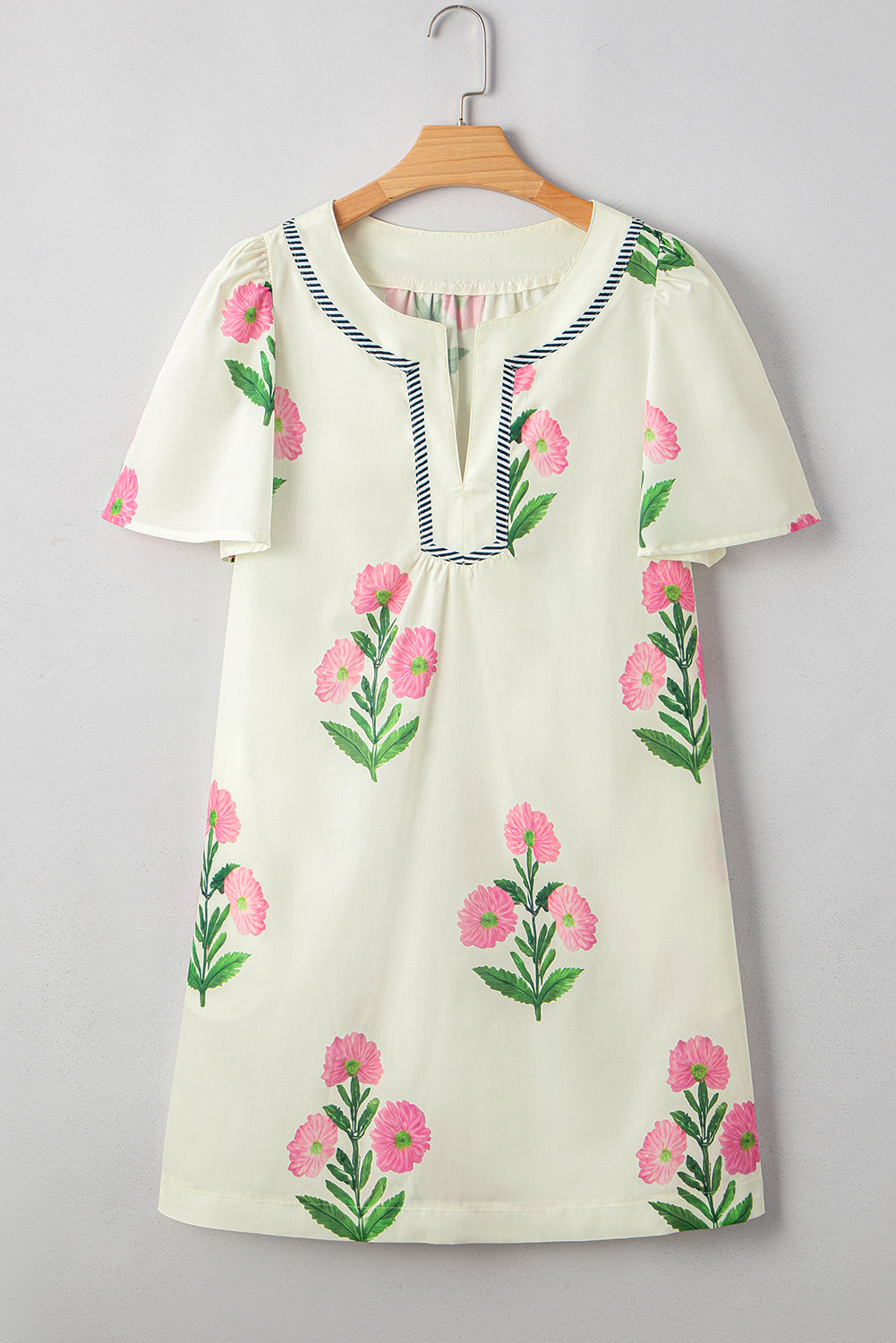 Apricot Striped Trim Short Sleeve Split Neck Floral Mini Dress Apricot / M Apricot Striped Trim Short Sleeve Split Neck Floral Mini Dress Apricot / M