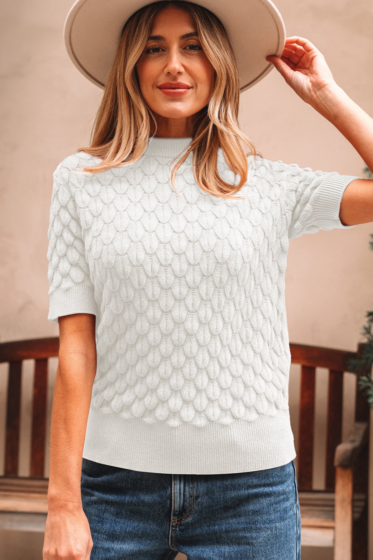 White Fish Scale Textured Knit Ribbed High Neck Short Sleeve Sweater-TOPS / DRESSES-[Adult]-[Female]-2022 Online Blue Zone Planet