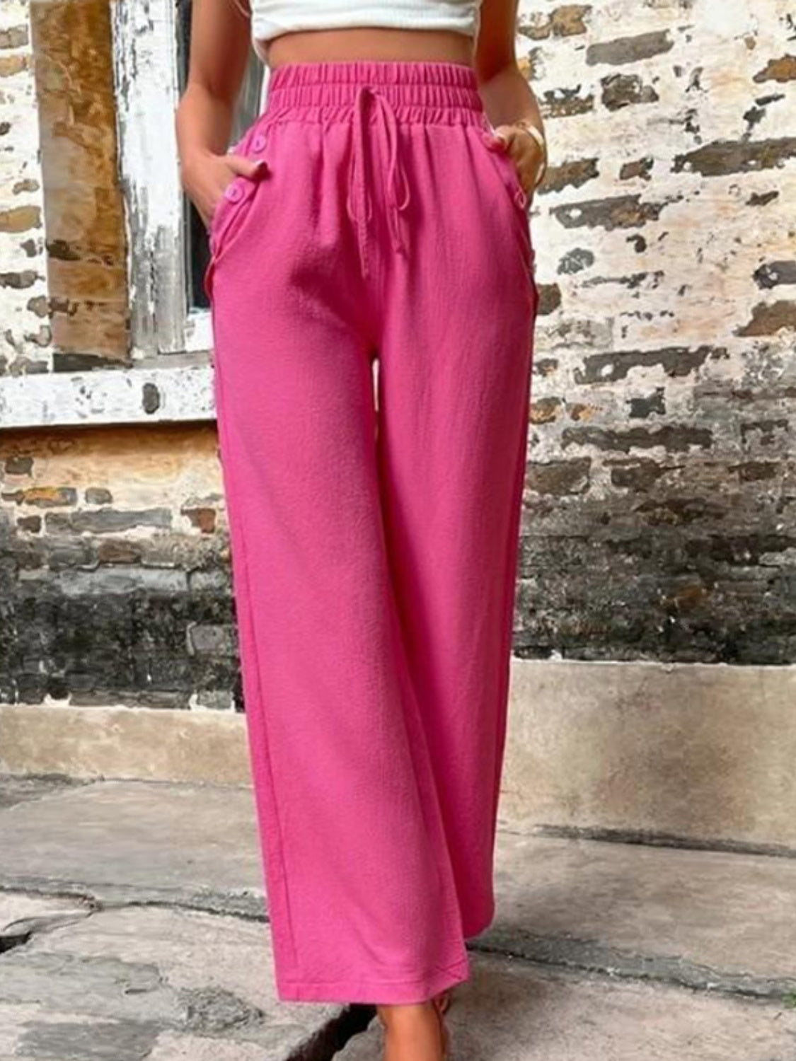 Tied High Waist Wide Leg Pants with Pockets-TOPS / DRESSES-[Adult]-[Female]-Cerise-S-2022 Online Blue Zone Planet