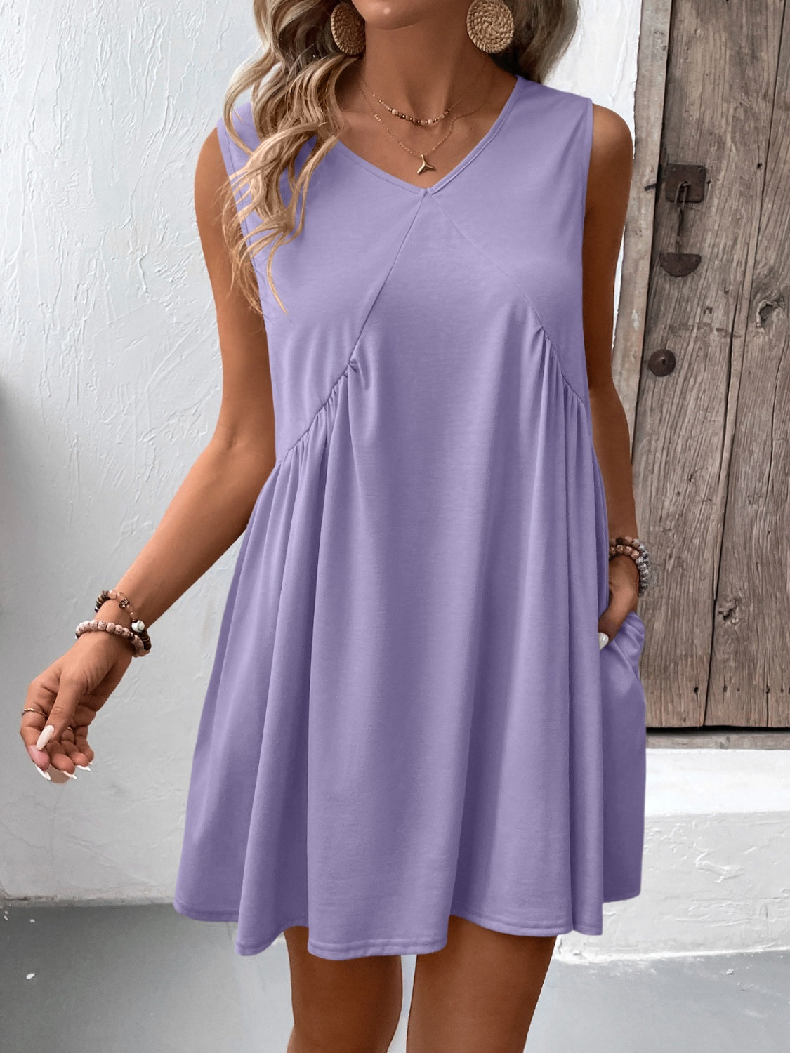 Ruched V-Neck Sleeveless Mini Dress-TOPS / DRESSES-[Adult]-[Female]-Lavender-S-2022 Online Blue Zone Planet