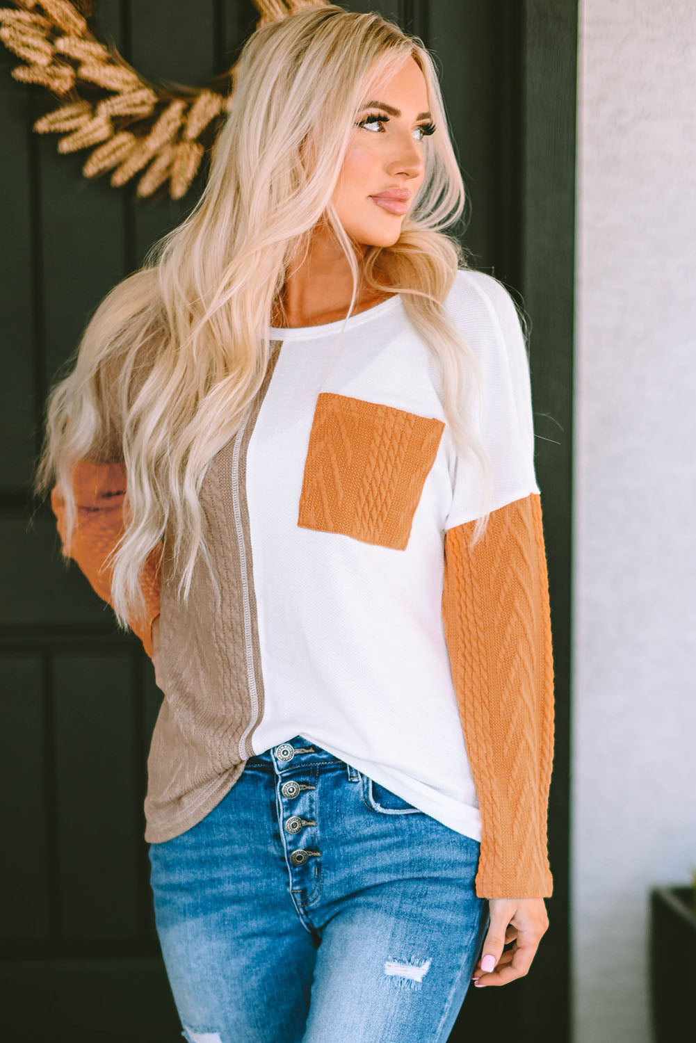 Orange Long Sleeve Colorblock Chest Pocket Textured Knit Top-Sale (50% OFF)/30% OFF-[Adult]-[Female]-2022 Online Blue Zone Planet