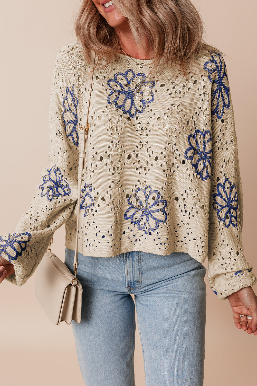 Beige Contrast Flower Print Eyelet Drop Shoulder Sweater-Sweaters & Cardigans/Sweaters-[Adult]-[Female]-2022 Online Blue Zone Planet