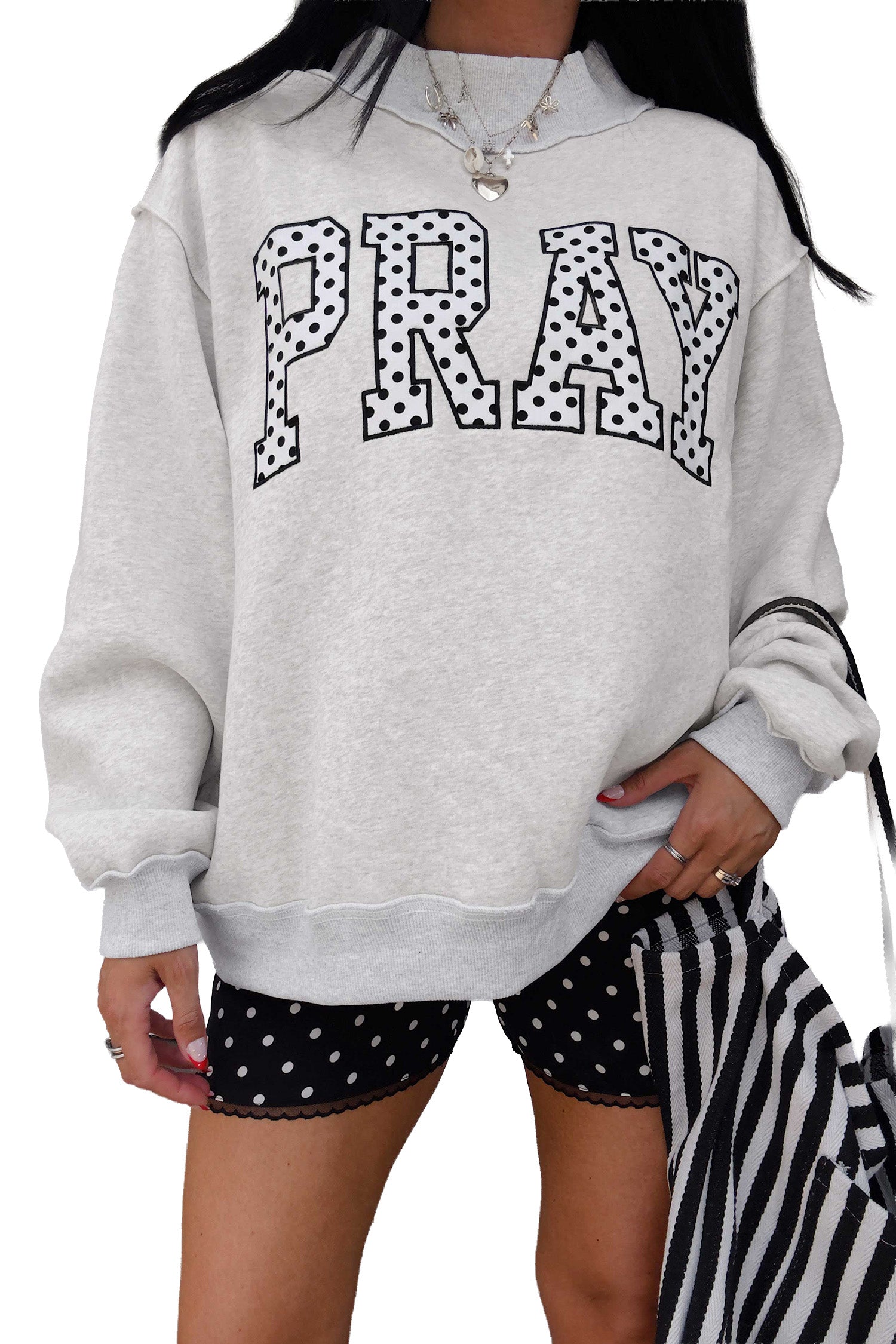 Gray PRAY Polka Dot Embroidered Mock Neck Sweatshirt-Tops/Sweatshirts & Hoodies-[Adult]-[Female]-2022 Online Blue Zone Planet