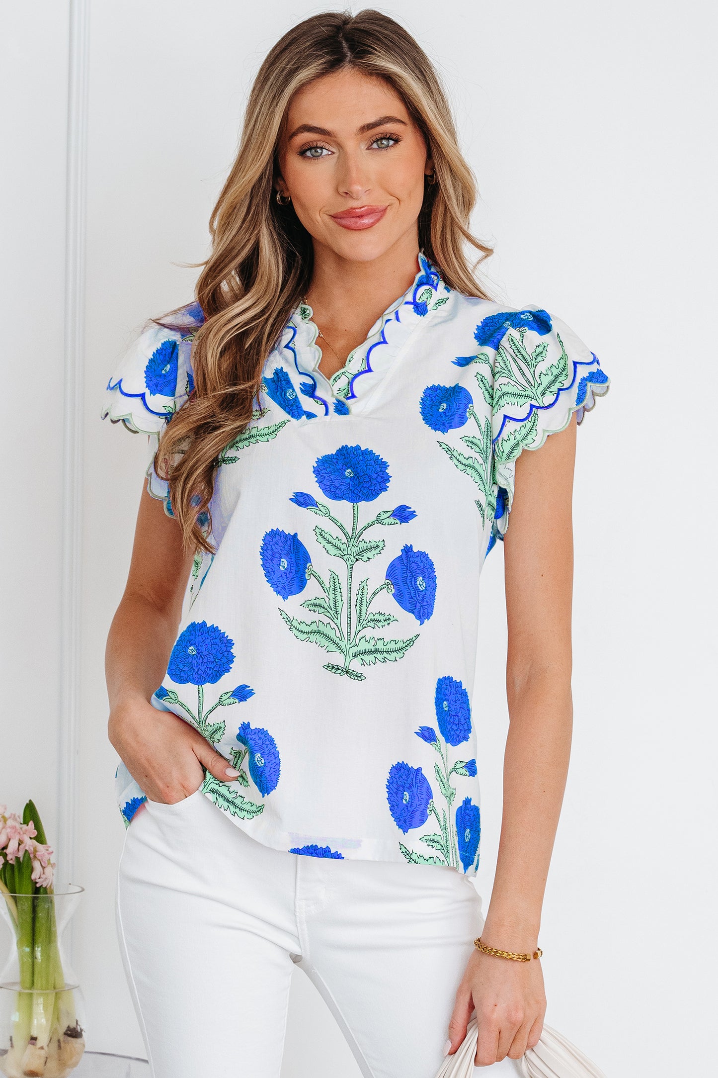Blue Wild Flower Print Contrast Trim Scallop Detail Short Sleeve Blouse-Tops/Blouses & Shirts-[Adult]-[Female]-2022 Online Blue Zone Planet