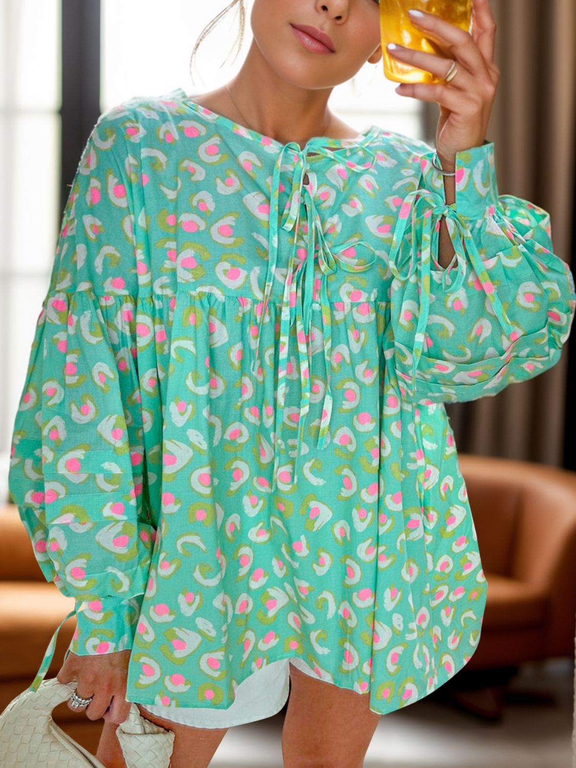 Tied Printed Long Sleeve Blouse-TOPS / DRESSES-[Adult]-[Female]-Turquoise-S-2022 Online Blue Zone Planet