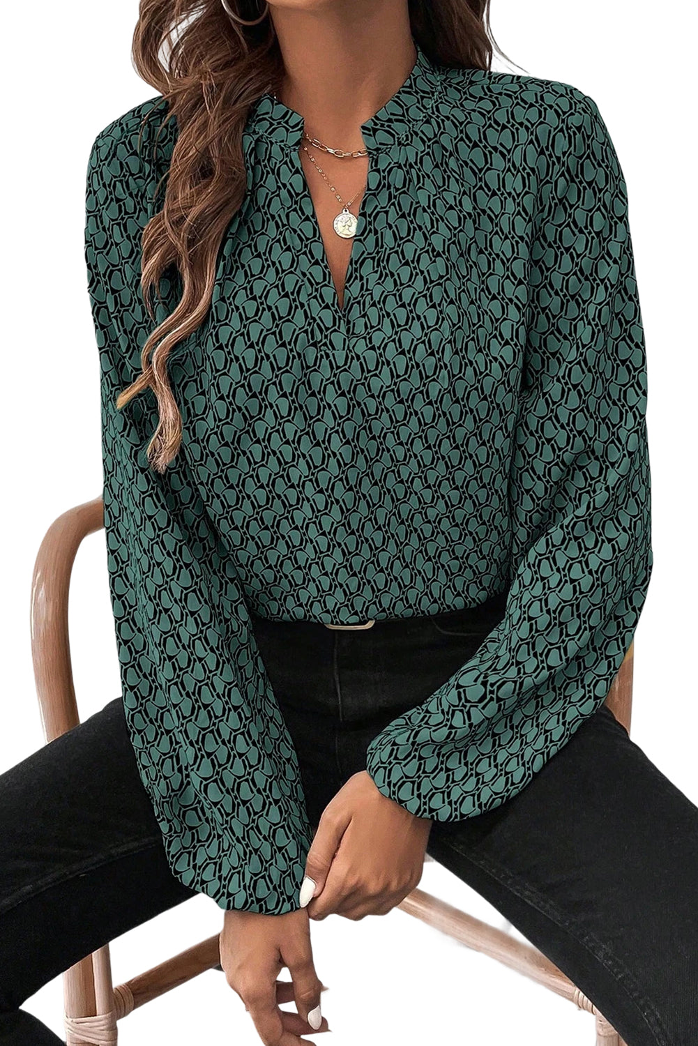 Green Geometric Print Notched Neck Long Sleeve Blouse-Blouses-[Adult]-[Female]-2022 Online Blue Zone Planet