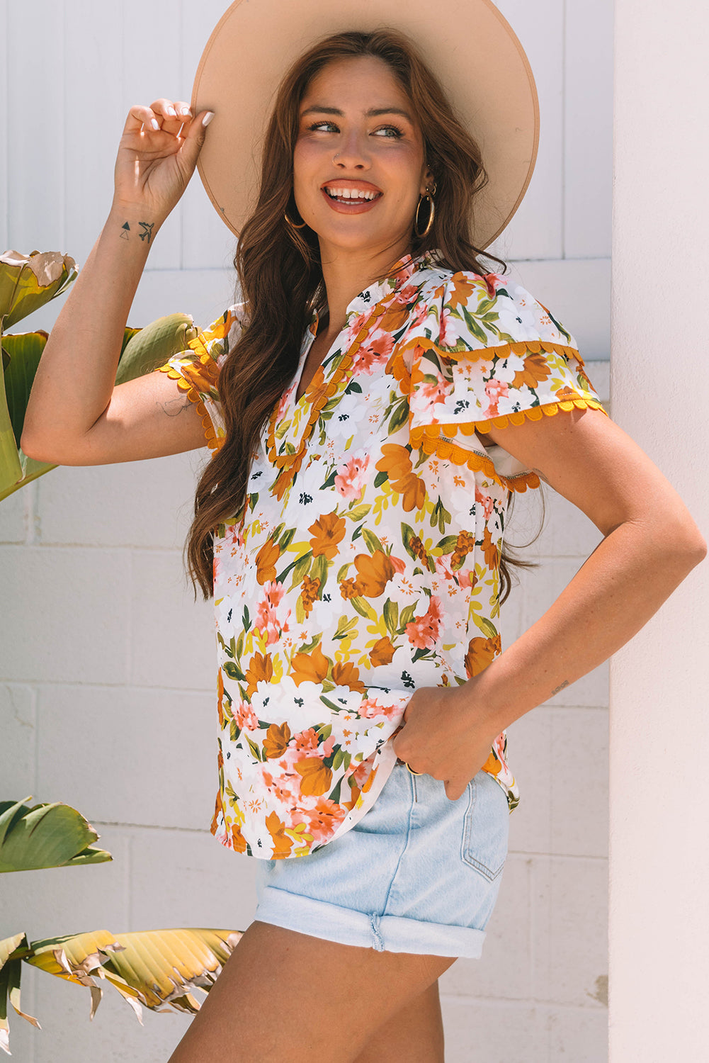 Russet Orange Ruffled V Neck Scalloped Short Sleeve Floral Blouse-Tops/Blouses & Shirts-[Adult]-[Female]-2022 Online Blue Zone Planet