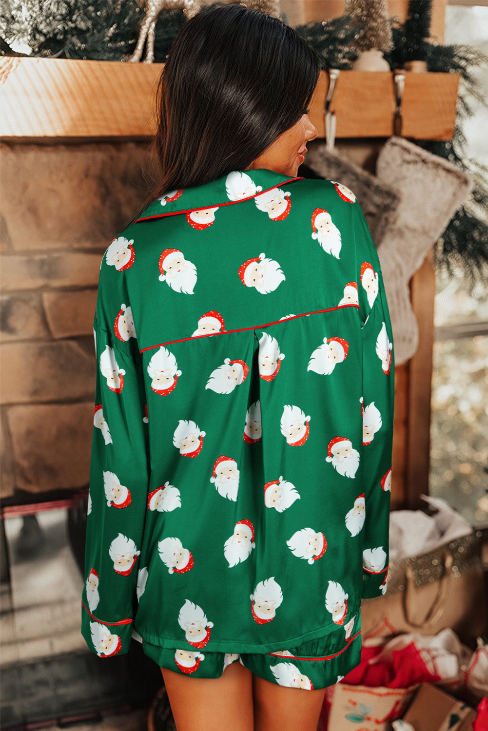 Green Christmas Santa Claus Print Satin Shirt and Shorts Set-Loungewear & Sleepwear/Sleepwear-[Adult]-[Female]-2022 Online Blue Zone Planet