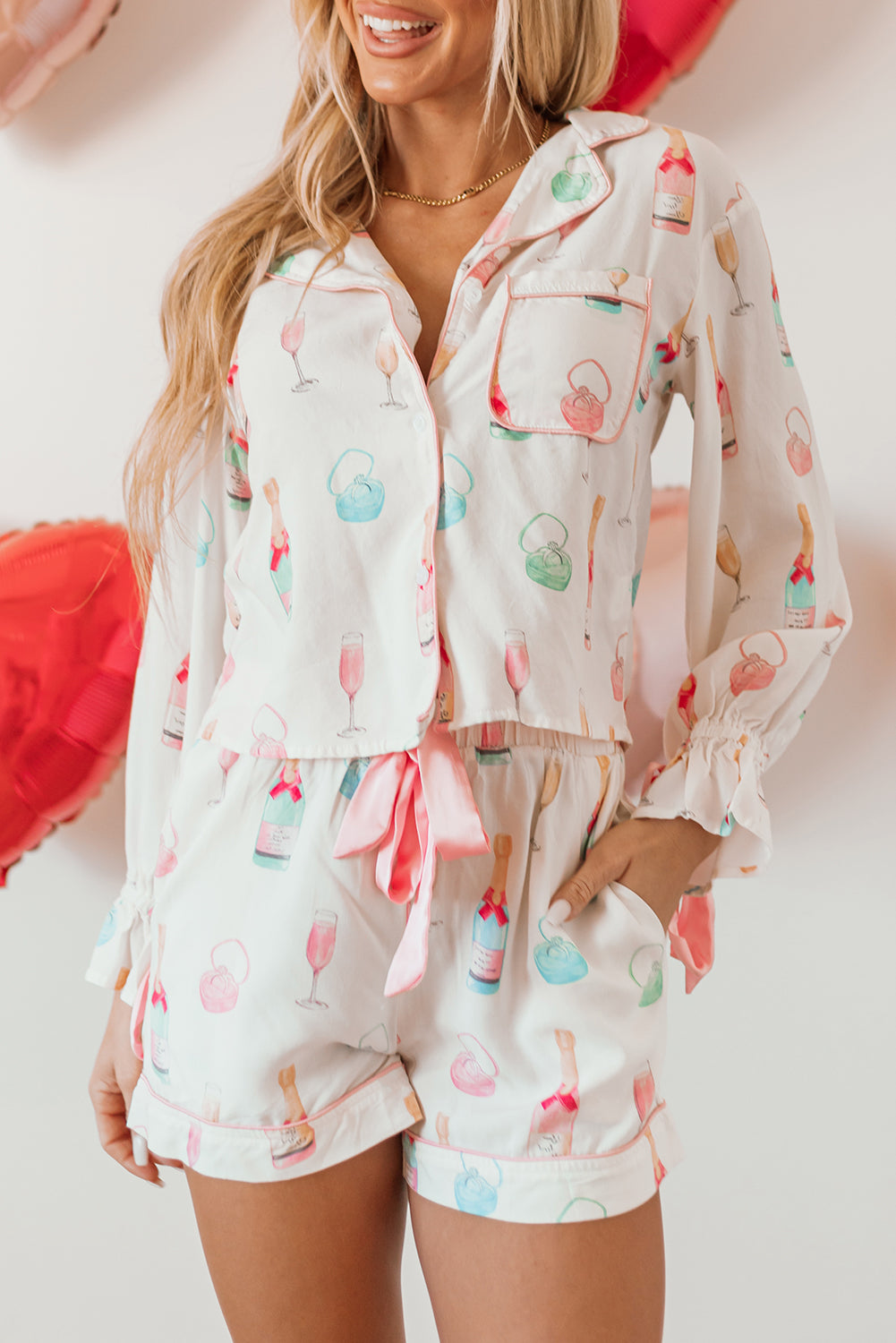 Blue Zone Planet | White Christmas Wine Glass Print Bow Knot Two Piece Pajama Set-TOPS / DRESSES-[Adult]-[Female]-2022 Online Blue Zone Planet