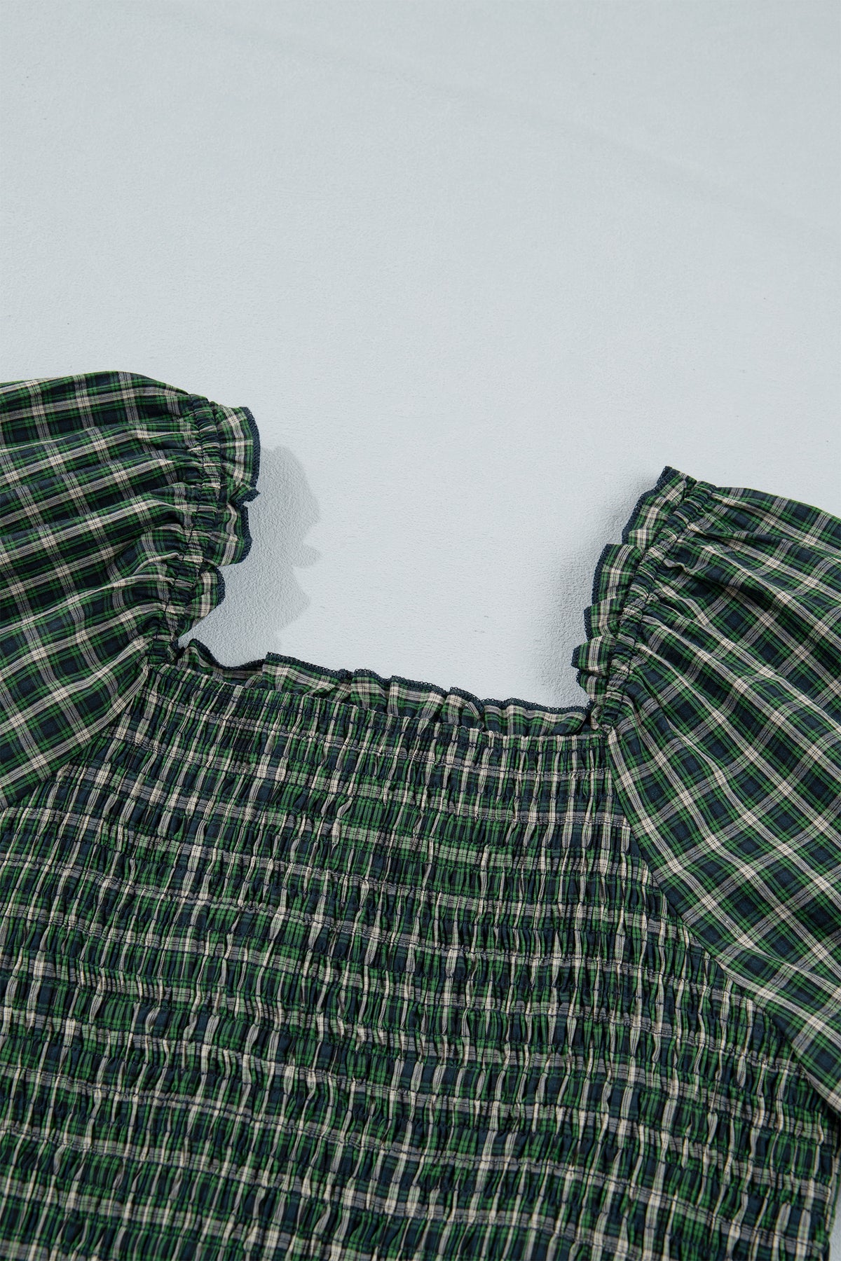 Green Plaid Square Neck Shirred High Waist Ruffle Hem Dress-TOPS / DRESSES-[Adult]-[Female]-2022 Online Blue Zone Planet