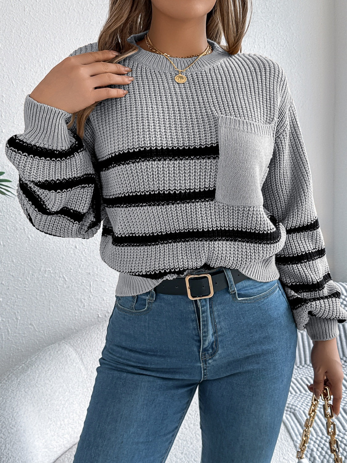 Striped Round Neck Long Sleeve Sweater-TOPS / DRESSES-[Adult]-[Female]-2022 Online Blue Zone Planet