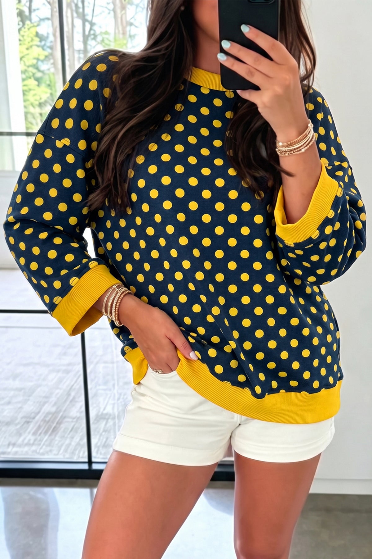 Blue Polka Dot Print Contrast Trim Round Neck Bracelet Sleeve Top-Bracelet-[Adult]-[Female]-2022 Online Blue Zone Planet