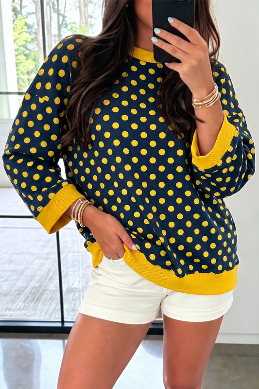 Blue Polka Dot Print Contrast Trim Round Neck Bracelet Sleeve Top-Bracelet-[Adult]-[Female]-2022 Online Blue Zone Planet