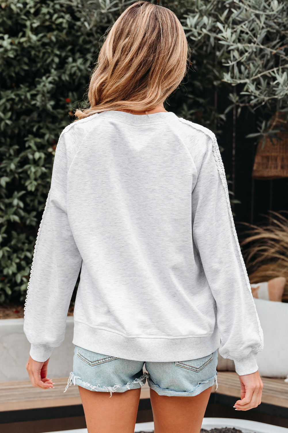 Light Grey Lace Patchwork Raglan Sleeve Crew Neck Sweatshirt-Tops/Sweatshirts & Hoodies-[Adult]-[Female]-2022 Online Blue Zone Planet