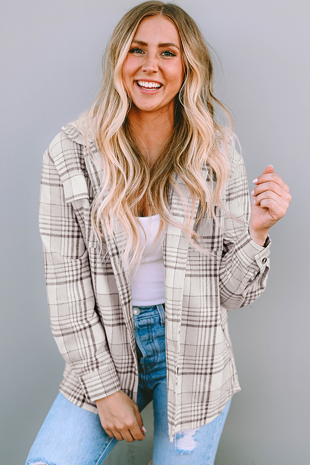 Khaki Plaid Removable Hood Buttoned Shacket-Outerwear/Plaid Shackets-[Adult]-[Female]-2022 Online Blue Zone Planet