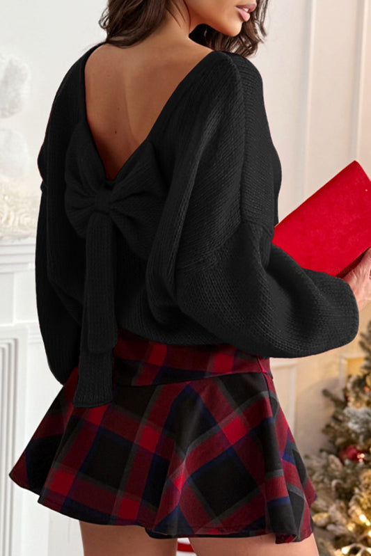 Black Festive Bow Backless Bubble Sleeve Sweater-TOPS / DRESSES-[Adult]-[Female]-Black-S-2022 Online Blue Zone Planet