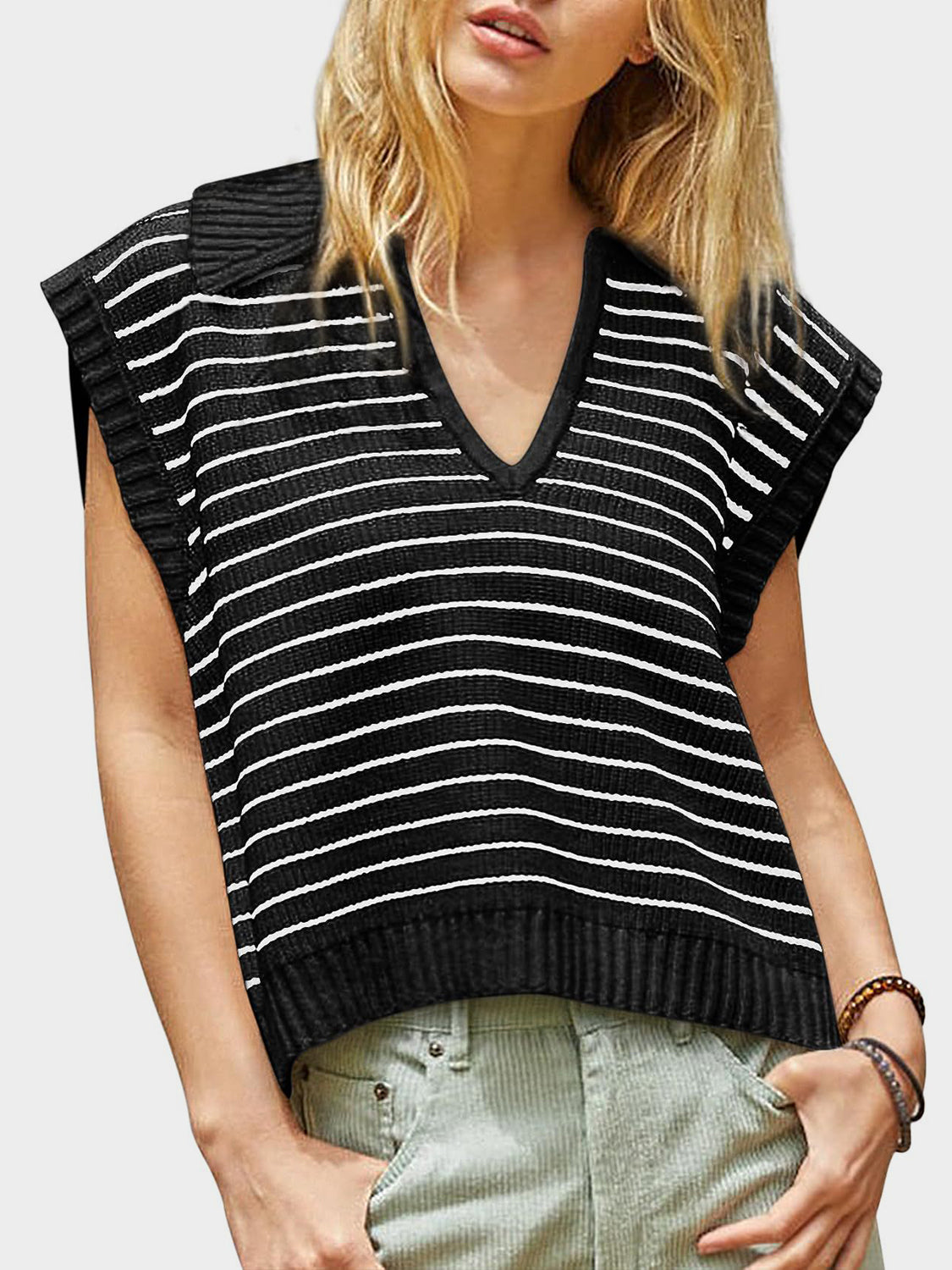 Blue Zone Planet | Mandy Collared Neck Striped Sweater Vest-TOPS / DRESSES-[Adult]-[Female]-2022 Online Blue Zone Planet