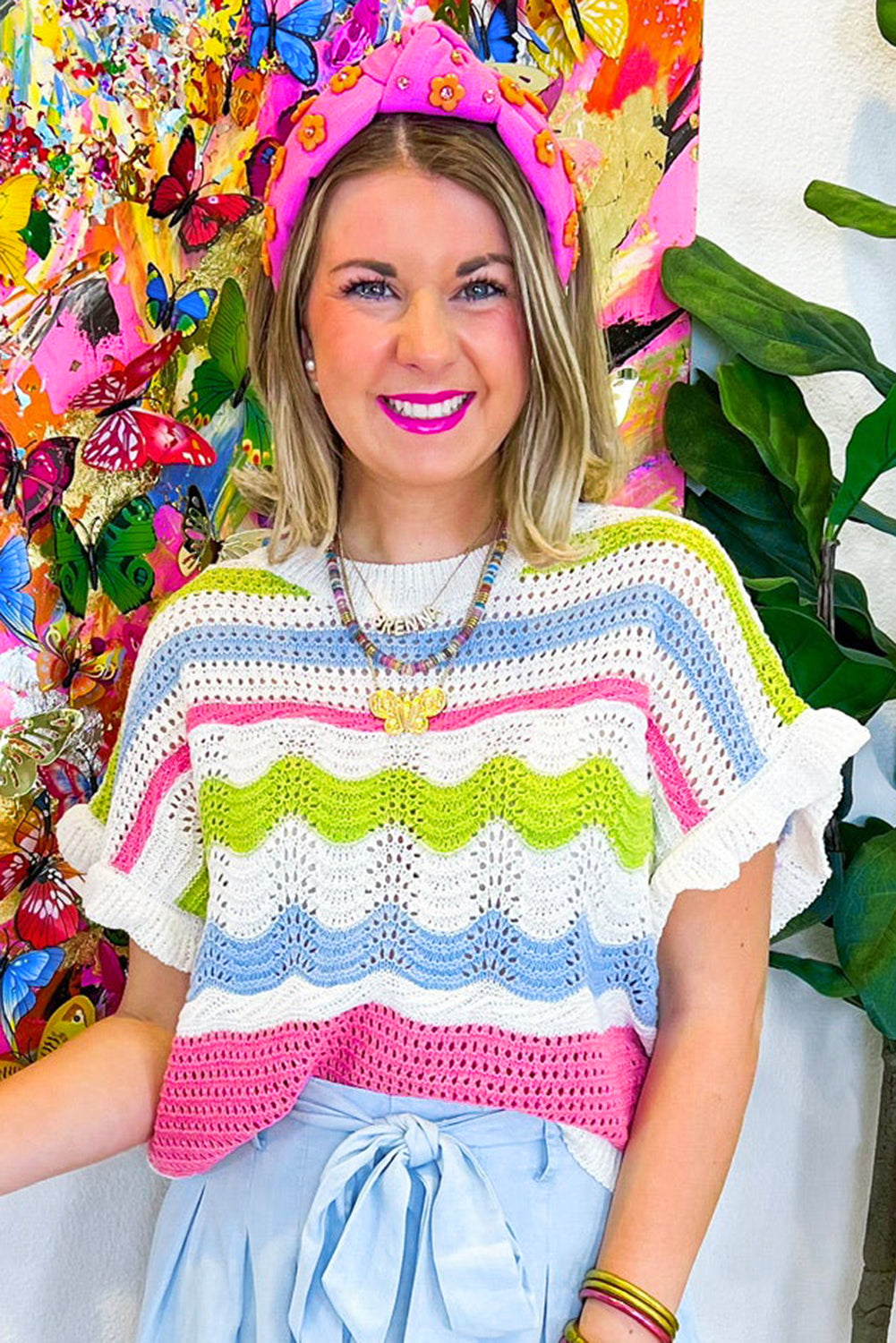 White Colorblock Crochet Knit Ruffled Short Sleeve Sweater Top-Sweaters & Cardigans/Short Sleeve Sweaters-[Adult]-[Female]-2022 Online Blue Zone Planet