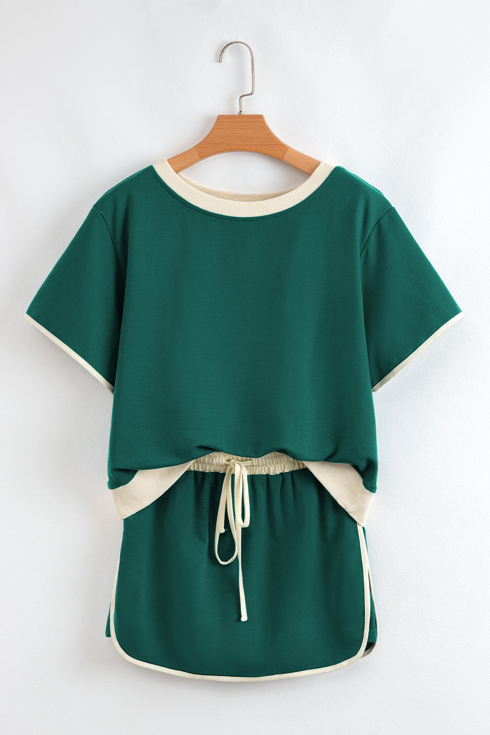 Evergreen Colorblock Edge Drop Shoulder T Shirt and Skirt 2Pcs Set-Two Piece Sets/Two Piece Dresses-[Adult]-[Female]-2022 Online Blue Zone Planet