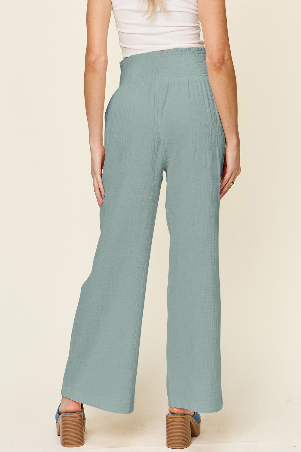 Double Take Full Size Texture Smocked Waist Wide Leg Pants-BOTTOMS SIZES SMALL MEDIUM LARGE-[Adult]-[Female]-2022 Online Blue Zone Planet