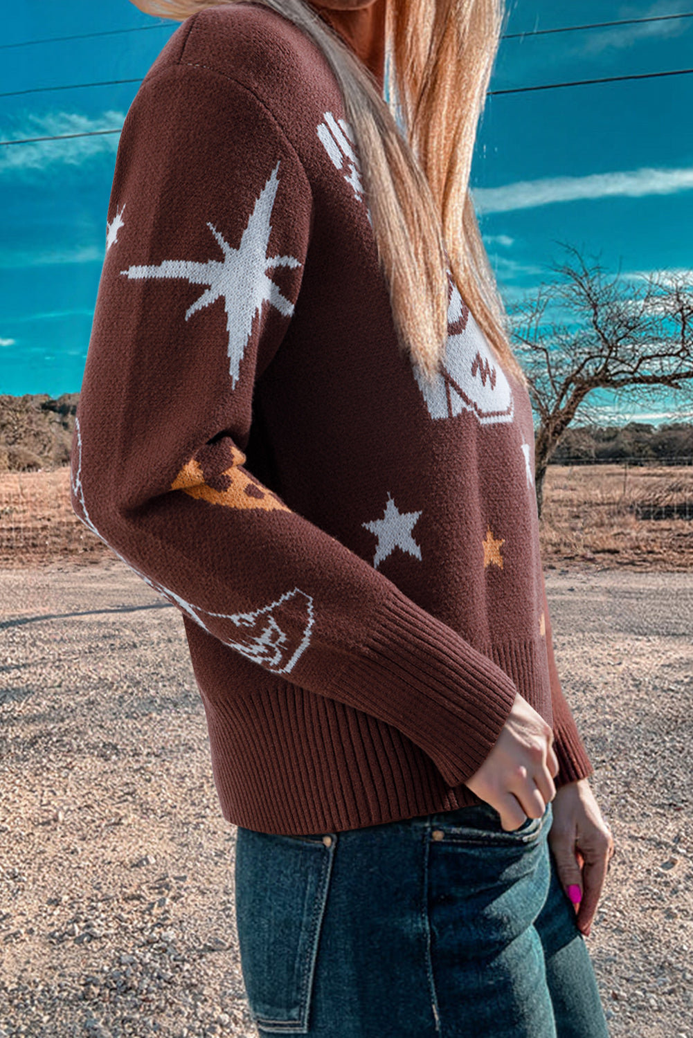 Brown Cowgirl Fashion Print Casual Sweater-TOPS / DRESSES-[Adult]-[Female]-2022 Online Blue Zone Planet