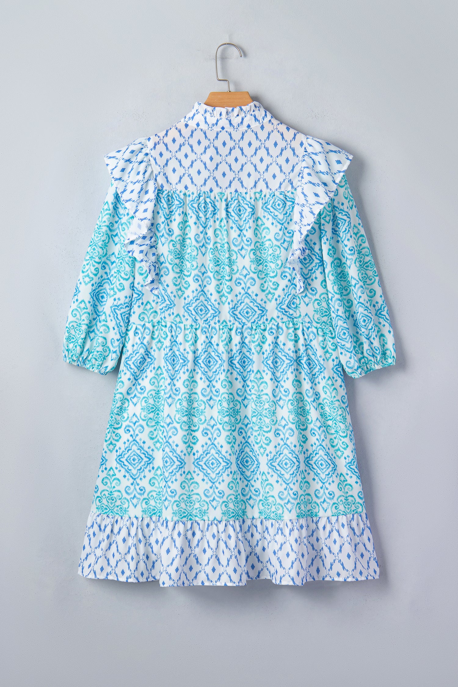 Sky Blue Boho Floral Geometric Patchwork Ruffle Detail Puff Sleeve Mini Dress-TOPS / DRESSES-[Adult]-[Female]-2022 Online Blue Zone Planet