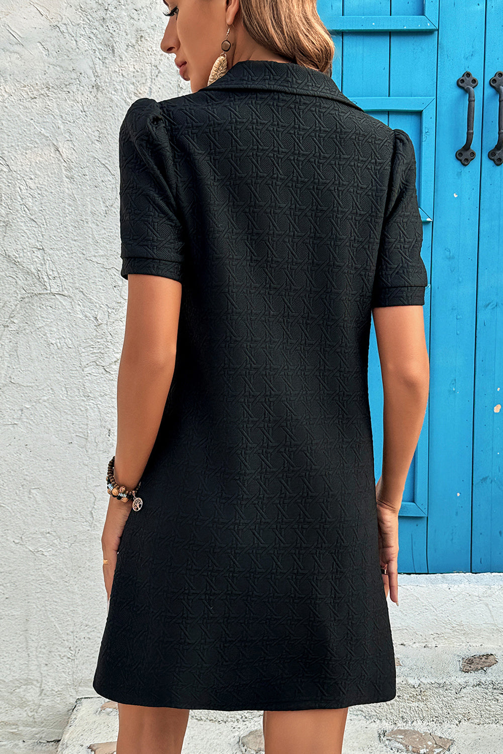 Black Textured Zipped Collar Shift Polo T Shirt Dress-Dresses/T Shirt Dresses-[Adult]-[Female]-2022 Online Blue Zone Planet